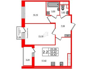 Квартира в ЖК Прайм Приморский, 2 комнатная, 53.42 м², 2 этаж