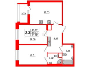 Квартира в ЖК Прайм Приморский, 2 комнатная, 60.02 м², 1 этаж