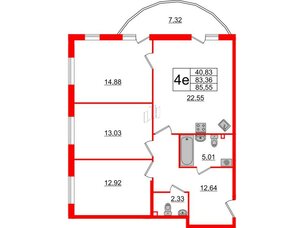 Квартира в ЖК Малая Финляндия, 3 комнатная, 85.55 м², 2 этаж