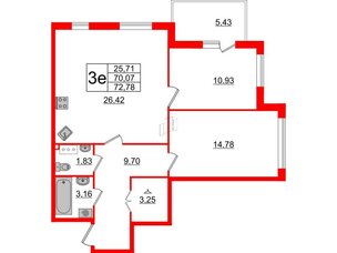 Квартира в ЖК Малая Финляндия, 2 комнатная, 72.78 м², 7 этаж