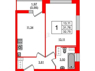 Квартира в ЖК Master Place, 1 комнатная, 32.75 м², 17 этаж