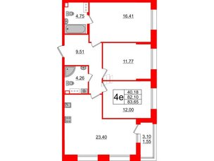 Квартира в ЖК Аквилон Leaves, 3 комнатная, 83.65 м², 4 этаж