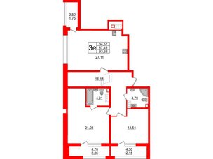 Квартира в ЖК Аквилон Leaves, 2 комнатная, 93.68 м², 9 этаж