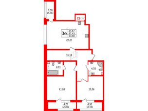 Квартира в ЖК Аквилон Leaves, 2 комнатная, 93.68 м², 12 этаж