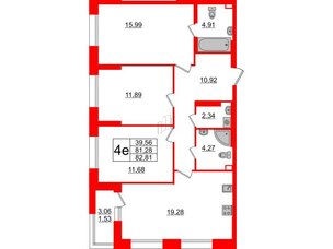 Квартира в ЖК Аквилон Leaves, 3 комнатная, 82.81 м², 1 этаж