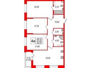 Квартира в ЖК Аквилон Leaves, 3 комнатная, 83.23 м², 3 этаж