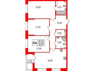 Квартира в ЖК Аквилон Leaves, 3 комнатная, 83.23 м², 12 этаж