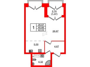 Квартира в ЖК Наука, 1 комнатная, 42.03 м², 12 этаж
