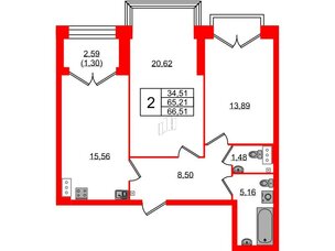 Квартира в ЖК Наука, 2 комнатная, 66.51 м², 12 этаж