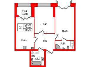 Квартира в ЖК Наука, 2 комнатная, 60.76 м², 9 этаж