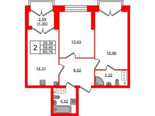 Квартира в ЖК Наука, 2 комнатная, 60.76 м², 11 этаж