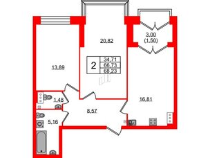 Квартира в ЖК Наука, 2 комнатная, 68.23 м², 9 этаж