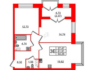 Квартира в ЖК Наука, 2 комнатная, 64.28 м², 9 этаж