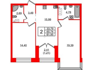 Квартира в ЖК Наука, 2 комнатная, 61.95 м², 12 этаж