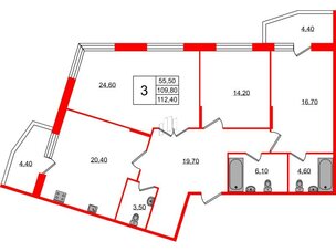Квартира в ЖК Lotos Club, 3 комнатная, 112.4 м², 2 этаж
