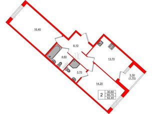 Квартира в ЖК Пулковский дом, 2 комнатная, 62.4 м², 2 этаж