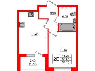 Квартира в ЖК Пулковский дом, 1 комнатная, 34.7 м², 4 этаж