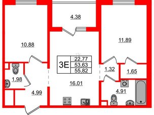 Квартира в ЖК ЛесArt, 2 комнатная, 55.82 м², 7 этаж