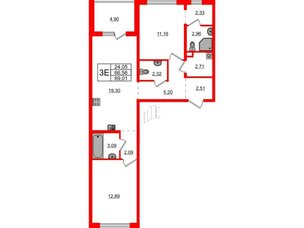 Квартира в ЖК «ЛесART», 2 комнатная, 69.01 м², 12 этаж