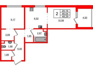 Квартира в ЖК ЛесArt, 2 комнатная, 48.29 м², 8 этаж