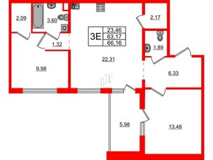 Квартира в ЖК ЛесArt, 2 комнатная, 66.16 м², 3 этаж