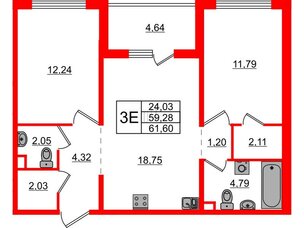 Квартира в ЖК ЛесArt, 2 комнатная, 61.6 м², 8 этаж