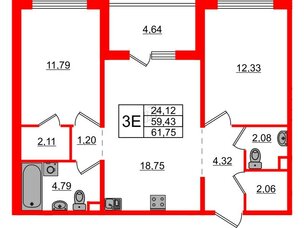 Квартира в ЖК ЛесArt, 2 комнатная, 61.75 м², 1 этаж