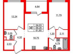 Квартира в ЖК ЛесArt, 2 комнатная, 61.6 м², 5 этаж