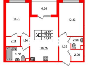 Квартира в ЖК ЛесArt, 2 комнатная, 61.75 м², 1 этаж