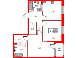 Квартира в ЖК Тайм Сквер, 2 комнатная, 68.5 м², 2 этаж
