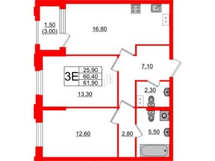Квартира в ЖК Тайм Сквер, 2 комнатная, 61.9 м², 4 этаж
