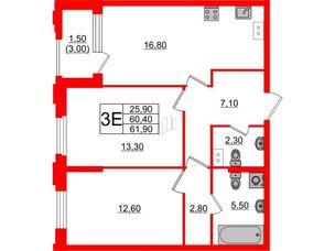 Квартира в ЖК Тайм Сквер, 2 комнатная, 61.9 м², 9 этаж