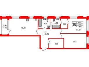 Квартира в ЖК Тайм Сквер, 2 комнатная, 76.6 м², 3 этаж
