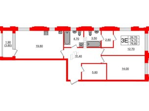 Квартира в ЖК Тайм Сквер, 2 комнатная, 76.6 м², 6 этаж