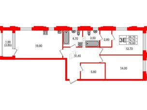 Квартира в ЖК Тайм Сквер, 2 комнатная, 76.6 м², 11 этаж