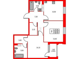 Квартира в ЖК Тайм Сквер, 2 комнатная, 64.7 м², 10 этаж