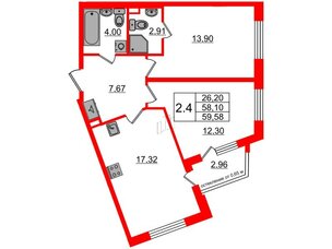 Квартира в ЖК 'Univer City', 2 комнатная, 58.1 м², 1 этаж