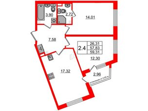 Квартира в ЖК 'Univer City', 2 комнатная, 57.83 м², 3 этаж