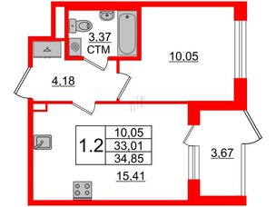 Квартира в ЖК 'Дворцовый фасад', 1 комнатная, 33.01 м², 1 этаж