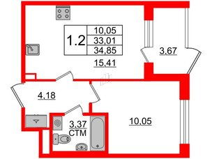 Квартира в ЖК 'Дворцовый фасад', 1 комнатная, 33.01 м², 1 этаж