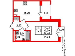 Квартира в ЖК 'Дворцовый фасад', 1 комнатная, 32.39 м², 2 этаж