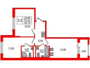 Квартира в ЖК «Дворцовый фасад», 2 комнатная, 51.34 м², 2 этаж