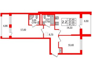 Квартира в ЖК 'Дворцовый фасад', 2 комнатная, 57.04 м², 2 этаж