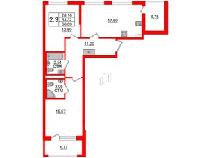 Квартира в ЖК 'Дворцовый фасад', 2 комнатная, 63.32 м², 3 этаж