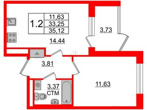 Квартира в ЖК 'Дворцовый фасад', 1 комнатная, 33.25 м², 1 этаж