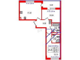 Квартира в ЖК 'Дворцовый фасад', 2 комнатная, 52.63 м², 4 этаж