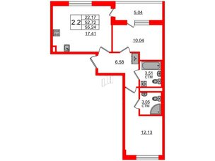 Квартира в ЖК 'Дворцовый фасад', 2 комнатная, 52.72 м², 2 этаж