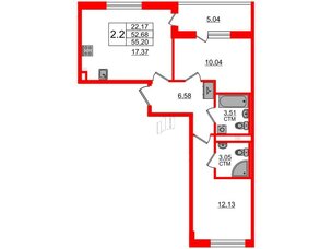 Квартира в ЖК 'Дворцовый фасад', 2 комнатная, 52.68 м², 3 этаж