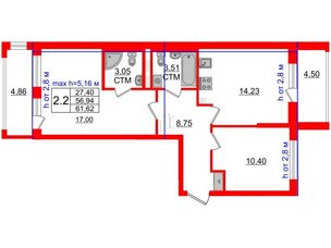 Квартира в ЖК 'Дворцовый фасад', 2 комнатная, 56.94 м², 4 этаж