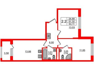 Квартира в ЖК 'Дворцовый фасад', 2 комнатная, 51.32 м², 3 этаж
